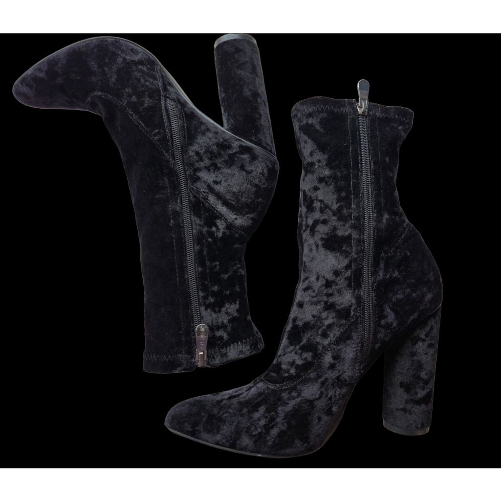 Vintage 90's Black Velvet Whimsygoth Celestial Chunky Block Heel Boots 8 1/2
